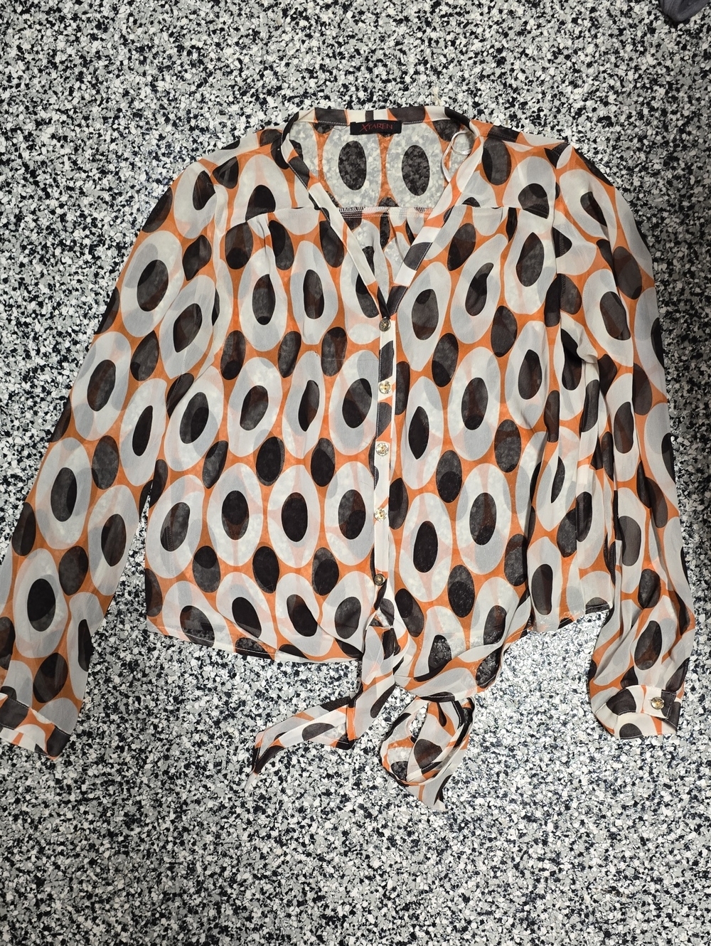 Xtaren Sheer Tie-Front Blouse in Orange, Black & White